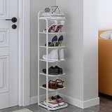Schmales hohes Schuhregal mit 9 Metallböden, vertikaler Eckschrank für den Eingangsbereich, platzsparende Aufbewahrungslösung, elegantes weißes Finish, modernes Designmöbel
