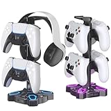 KDD Kopfhörer Halter, Controller Halter mit 9 Lichtmodi, Drehbare Headset Halterung mit 2 USB Anschlüsse, Typ-C Anschluss & 3,5mm AUX, Universal Gaming Headphone Stand für Schreibtisch Gamer
