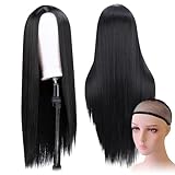 Damen Lange Schwarz Perücke 75cm Schwarz Gerade Perücke Cosplay Perücke Halloween Synthetische Perücken mit Haarnetz für Halloween Tägliche Karneval Fasching Cosplay Party