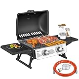 Outsunny Gasgrill 5,6 KW Gas-Grill inkl 2 Edelstahl-Brenner klappbar Seitenablagen Druckminderer Gasschlauch Deckel Thermometer, BBQ Gartengrill für Balkon, Camping-Grill 101 x 48 x 41 cm