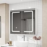 ALEAVIC Spiegelschrank Bad mit Beleuchtung 70x60cm Breit mit Razors Steckdose und 2 USB Buchsen, Badezimmer Schrank 16cm Tief - Smart Mirror mit 3 Einstellbare Lichtfarben