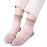 YueYue Damen Socken mit Rüschen Spitzen Transparente Schöne Spitze Socken Kurze Feinstrümpfe Söckchen Atmungsaktiv Einfarbig Spitzensocken Socks Elastische Diabetiker Ohne Gummi (Brown, One Size)