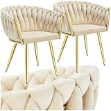 tectake® Samt Stuhl, Schalenstuhl mit Armlehne in Knoten Optik, Esszimmerstühle, Sessel modern für Wohnzimmer, Esszimmer, als Küchenstühle, für Schminktisch, Dining Chair Set - Sand/Gold, 2er Set