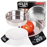 Adler AD 3166 Küchenwaage mit 900 ml Behälter aus Edelstahl, max. Gewicht 5 kg, elektronische Haushaltswaage mit LCD-Display, digitale Waage, Genauigkeit bis zu 1 g, Weiß/Silber, 21 x 19 x 8 cm