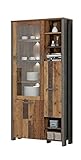 FORTE Clif Vitrine mit 1 Tür und 1 Glastür, Holzwerkstoff, Old – Wood Vintage/ Betonoptik Dunkelgrau, 91,7 x 204,9 x 41,6 cm