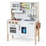 COSTWAY Kinderküche Spielküche inkl. 18 Zubehör, Kinder Küche Holz mit Spüle Mikrowelle Eismaschine Backofen, Spielzeugküche Holzküche für Kinder ab 2 Jahre (Weiß)