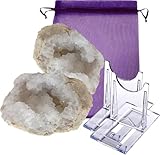 BERGKRISTALL Drusen-Paar ca. 200-300g Kristall Geode mit funkelnden Kristallen in Edelstein Qualität 5-tlg Set mit Ständer + Stofftäschchen. BKG-XS
