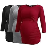 Smallshow Damen Schwanger Mutterschaft Oberteile 3/4 Ärmel Umstandsshirts Schwangere Tops Schwangerschafts Umstandstop 3er Pack,Black/Grey/Wine,M