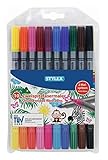 Stylex 66565 - Zweispitz-Fasermalstifte, Doppelfasermaler im 10er Etui, 10 Farben mit dicker und dünner Malspitze