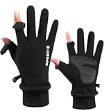 Fnaobai Fleece-Handschuhe für Damen und Herren, Winter, warm, Touchscreen, kaltes Wetter, verstellbares Handgelenk, Thermo-Fäustlinge zum Laufen, Skifahren, Schwarz, 2 Finger, Men
