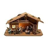 mgc24 Weihnachtskrippe Tischkrippe aus Holz, komplettes Krippenspiel mit Krippenstall und handbemalten Krippenfiguren aus Kunstharz, LED-Beleuchtung