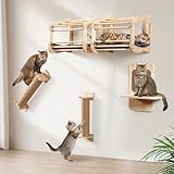 Kletterwand Katzen aus Massivholz für große Katze bis 25KG, LitaiL 5tlg Katzen Kletterwand Set, 2X Katzenbett mit Weiche Kissen | 2X Kratzbaum | 1x Kratzsäule mit Sisal Matte für Wandmontage, Grau