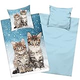 Aminata kids Bettwäsche Katze Biber 135x200 Kinder Baumwolle Katzen-Tier-Motiv, Reißverschluss warm & kuschelig, Flanell-Winter-Bettwäsche-Set - Kater Katzenbettwäsche Tiermotiv Kätzchen