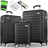 tillvex® Reisekoffer Set 3-TLG. + Gepäckwaage, 6X Koffergurte & 3X Kofferanhänger | Kofferset 4 Rollen | Trolley Gepäck Koffer TSA Schloss | Rollkoffer Hartschalenkofferset M-L-XL (Schwarz)
