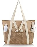 HOMESPON Strandtasche Damen mit Reißverschluss Große Wasserdicht Mesh Badetasche Familie Faltbar Beach Tote Bag Shopper,Khaki