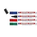 edding 3300 Permanentmarker - schwarz, rot, blau, grün - 4 Stifte - Keil-Spitze 1-5 mm - schnell trocknender Permanent Marker - wasserfest, wischfest - für Karton, Kunststoff, Holz, Metall