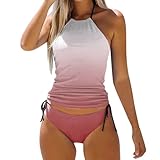 Damen Farbverlauf Tankini Set Große Größe Bademode Badeanzug Neckholder Zweiteilige Frauen-Sommer Sport Tankinis Push Up Sportlich Tankini Oberteil Bauchweg Tanga Bikini High Waist Bikini Set