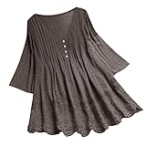 IQYU Blusenshirt Damen 3/4 Arm Festlich - Longbluse Damen GroßE GrößEn Langarmshirt V Ausschnitt Vintage-Longshirt Sommer Oberteile Elegante Blusen Vintage Hemdbluse Oversie Sweatshirts- Leinenbluse