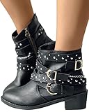 Minetom Damen Stiefeletten Biker Boots Stiefel Blockabsatz Herbst Winter Frauen Schuhe Schnallen Chelsea Boots Vintage Cowboy Boots Combat Mit Seitlicher Reißverschluss A Schwarz 39 EU