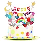 JSTC Tortendeko Happy Birthday Torten Deko Mädchen, 20 Stück Cake Topper Geburtstag Regenbogen, Kuchendekoration Kuchendeko mit Sternen Liebe Luftballons für Kindergeburtstag.