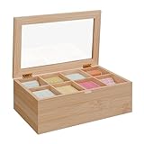 Relaxdays Teebox, 8 Fächer, Teebeutel Aufbewahrung, Bambus, Teekiste mit Sichtfenster, HBT: 10,5 x 32 x 20 cm, natur