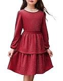 Arshiner Mädchen Kleider Glitzer Kinder Festliche Langarmkleid Elegant Rundhals Partykleid A-Linie Winter Herbst Freizeit Kleid für Mädchen 9-10 Jahre Weinrot
