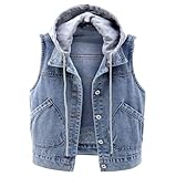OLGER Denim Weste-Vintage Distressed Washed Denim Weste Kordelzug Abnehmbare Kapuze Kurze Jeansweste Jeansjacke Cropped Freizeit Sommer Frühling Jeansjacke Cardigan Top Outwear,Hellblau,M