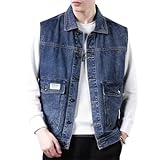 Herren Frühling Denim Weste Retro Ärmellos Jacken Ripped Loch Knopf Jeans Weste, blau, XL