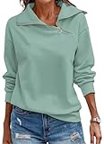 Cuptacc Pullover Damen Elegant Stehkragen Langarm Quarter Zip Pullover Lässig Basic Einfarbig Baumwolle Top Damen Grün, XL 46-48