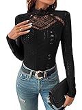 GORGLITTER Damen Bodysuit Elegant Bodies Stehkragen Öse Stickerei Bodys Langarm Body mit Spitzeneinsatz Schwarz L