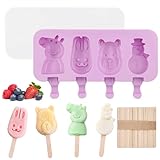 Eisformen Eis Am Stiel Silikon+50 Eisstiele Holz,Eisformen Silikon, Eisformen Kinder,Silikon Eisformen mit Stiel, Popsicle Formen mit Deckel,Stieleisformen DIY für Kinder
