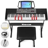 MUSTAR 61 Key Keyboard Piano für Anfänger, Digital Piano Keyboard mit Leuchttasten Lautsprechern, E Klavier Ständer, Hocker, Kopfhörern, Mikrofon, Notenablage, 300 Sounds & Simply Musiklektionen