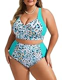 Hanna Nikole Damen Kreuzrücken Badeanzug Push Up Bikini Set mit Badehose für Mollige Blaugrüne & Leopard 52