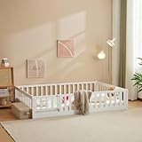 LALAHO 2-in-1 Bodenbett Montessori Kinderbett mit seitlichem Ausstieg, Herausfallschutz & Lattenrost | Umbaubar vom Gitterbett zum Jugendbett | Weiß 90x200 cm | 2 Größen, 300 kg Tragfähigkeit