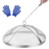 Feuerstelle, Funkenschutz, Zubehör für Soloofen, Lagerfeuer, Feuerschale, robuster Edelstahl-Mesh-Schutz, Funkenschutz mit Griff für Terrasse, Hinterhof, Outdoor-Feuerstellen, heiße Glut, Silber