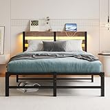 VERFARM Bett 120x200 cm mit LED, Metallbett mit USB-Ladestation & Holzkopfteil mit Stauraum, Gästebett Jugendbett Doppelbett Bettrahmen mit Stauraum unter dem Bett, Vintage Braun