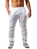 Runcati Herren Leinenhose Einfarbiges Lang Leicht Sommerhose Loose Fit Freizeithose mit Kordelzug für Urlaub Strand Weiß XXL