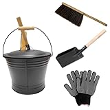 Joygoodta Kamin-Ascheeimer, 4 Stück/Set, Metall-Ascheeimer mit Deckel, Schaufel, Besen und Handschuhen für Feuerstellen, Herd, Holzöfen