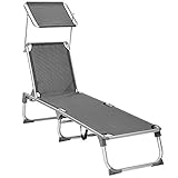 SONGMICS Sonnenliege mit Dach, Liegestuhl, Gartenliege, Aluminium, Rückenlehne verstellbar, klappbar, leicht, 55 x 193 x 31 cm, bis 150 kg belastbar, Garten, Balkon, Terrrasse, dunkelgrau GCB19WGV1