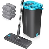 MASTERTOP Wischmopp Set mit Eimer, Bodenwischer Set mit 6 Mikrofaser Wischpads und Edelstahlgriff, 2 in 1 Putzeimer mit Wischmop, Wischer mit Auswringfunktionfür Alle Bodentypen, Grau+Blau