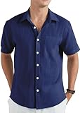 HISDERN Herren Leinenhemd Kurzarm Baumwolle Leinen Hemd Sommerhemd Freizeithemd Dunkelblau Shirts Regular Fit 3XL