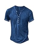 Hemd Herren Kurzarm Henley Shirt Männer Freizeithemd Vintage Casual Leicht Baumwolle Slim Fit T-Shirt 1-blau