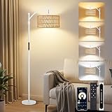 OUTON Rattan Stehlampe Wohnzimmer, Dimmbar Boho Bogenlampe mit App & Fernbedienung & Touch-Steuerung, 4 Farbtemperaturen, 2 Lampenschirm, 12W LED Vintage Stehleuchte für Schlafzimmer, Büro, Weiß