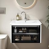 Merax Waschbecken mit Unterschrank, Badmöbel-Set, Keramik Waschtisch mit Unterschrank 60 cm, Wandhängender Waschbecken-Unterschrank mit Glastür und Induktionslampe, Weiß