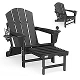 Mdeam Adirondack Klappstuhl mit einziehbarer Ottomane, HDPE Allwetter-Feuerstelle Stuhl mit 2 Getränkehaltern, Outdoor-Stuhl für Terrasse, Garten, Hinterhof, Rasen (Schwarz)