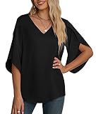 Yommay Damen Bluse Elegant V Ausschnitt Sommer T-Shirts Casual Leicht Chiffon Tunika Kurzarm Tops,Schwarz,XXL