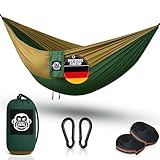 Monkey Swing Hängematte Ultraleicht inkl. Karabiner & Schwerlastgurten (bis 300  kg belastbar, 275 x 140 cm) – ideal für Camping, Outdoor, Trekking & als Reisehängematte (Grün/Khaki)