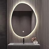 Moderner ovaler Badezimmerspiegel mit LED-Beleuchtung, 3 Farben, dimmbar, beschlagfrei, unregelmäßig, asymmetrisches Design, Wandmontage, Hintergrundbeleuchtung, Spiegel, 50 x 70 cm, ideal als