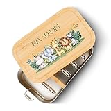 GRAVURZEILE Brotdose aus Edelstahl mit bedrucktem Bambusholzdeckel - Lunchbox mit Tiergruppe Safari Motiv - Personalisiert mit Name - Geschenk für Kinder zum Schulanfang - Größe: Groß