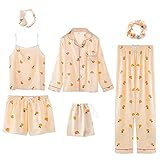 Jamron Damen 7PCS Satin Pyjama Set Frühling Sommer Herbst Tops & Kurze Hose Nachtwäsche SN07655 Orange M